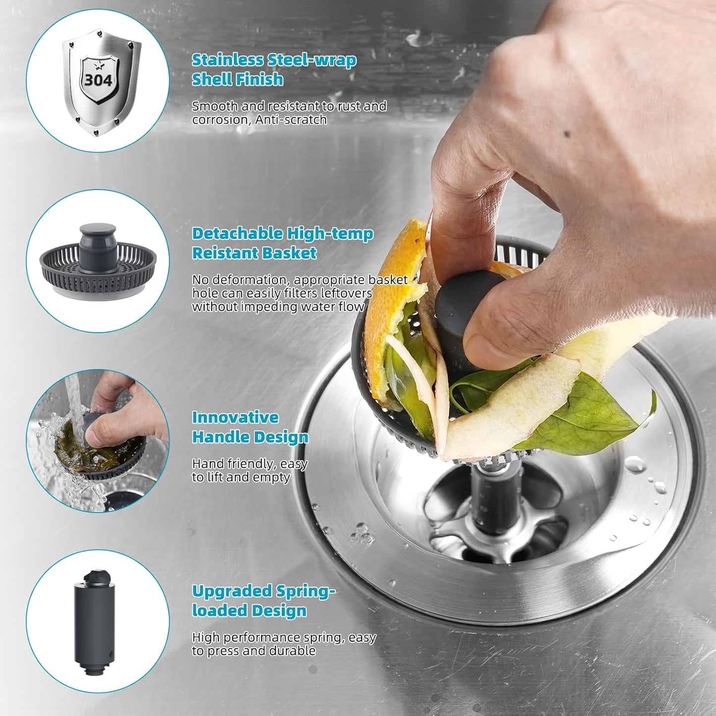 3 in 1 Kitchen Sink Drain Strainer, Stainless Steel Wrapped Shell Drain Stopper Combo, Pop Up Sink Stopper, Anti-Clogging Basket Strainer with Handle for US Standard 3-1/2" Drain