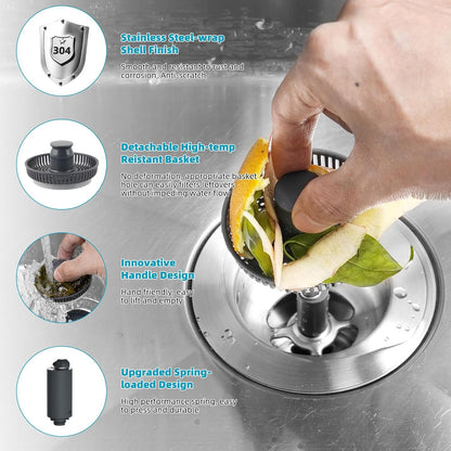 3 in 1 Kitchen Sink Drain Strainer, Stainless Steel Wrapped Shell Drain Stopper Combo, Pop Up Sink Stopper, Anti-Clogging Basket Strainer with Handle for US Standard 3-1/2" Drain