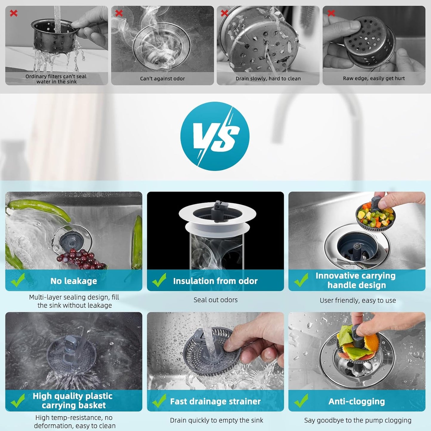 3 in 1 Kitchen Sink Drain Strainer, Stainless Steel Wrapped Shell Drain Stopper Combo, Pop Up Sink Stopper, Anti-Clogging Basket Strainer with Handle for US Standard 3-1/2" Drain
