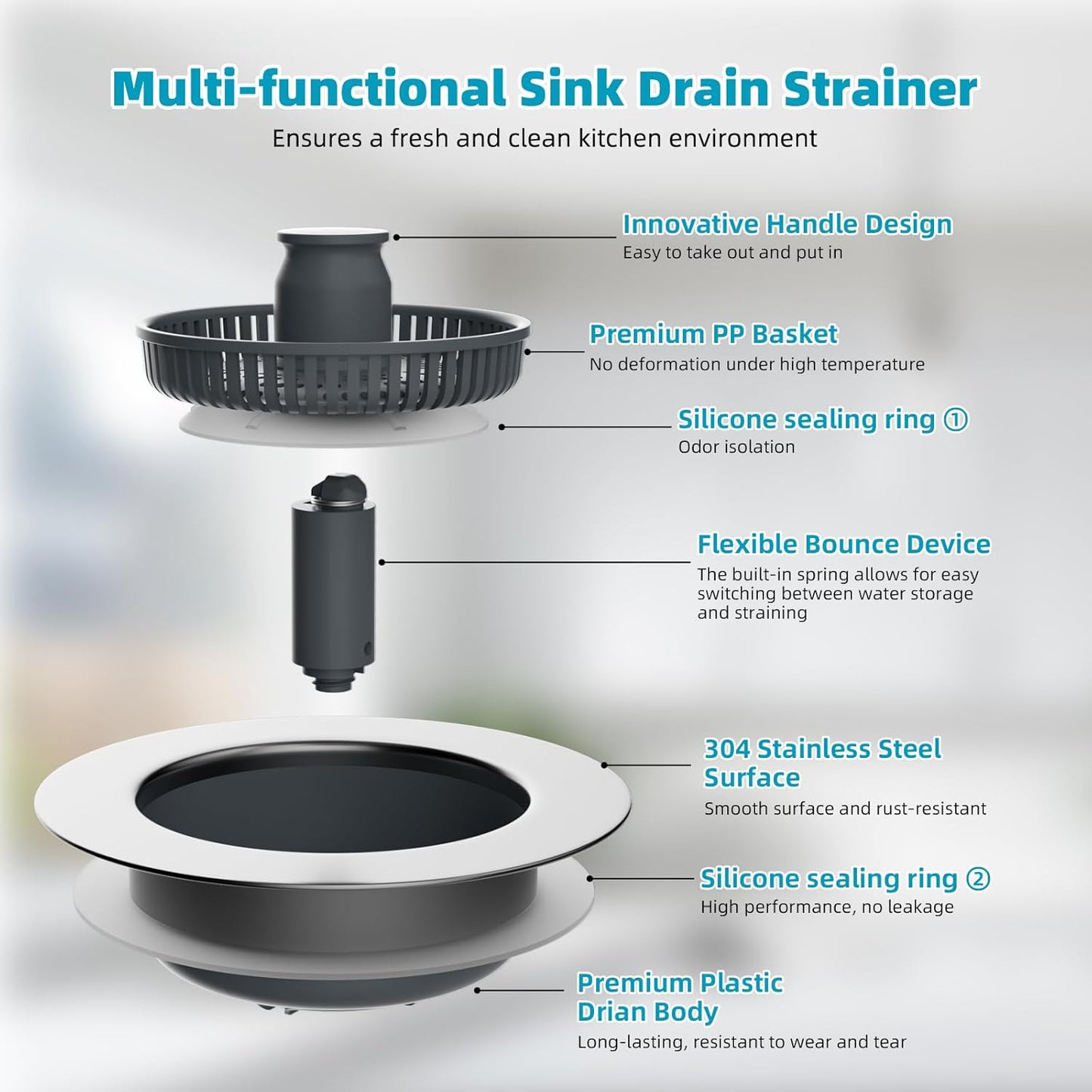 3 in 1 Kitchen Sink Drain Strainer, Stainless Steel Wrapped Shell Drain Stopper Combo, Pop Up Sink Stopper, Anti-Clogging Basket Strainer with Handle for US Standard 3-1/2" Drain