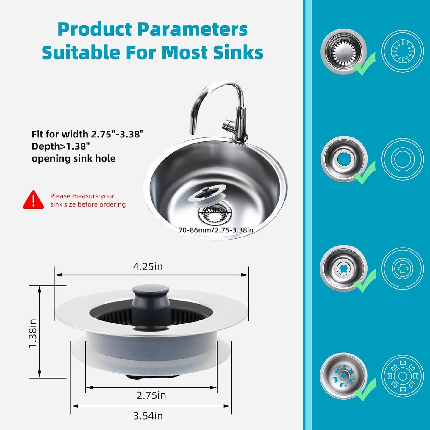 3 in 1 Kitchen Sink Drain Strainer, Stainless Steel Wrapped Shell Drain Stopper Combo, Pop Up Sink Stopper, Anti-Clogging Basket Strainer with Handle for US Standard 3-1/2" Drain