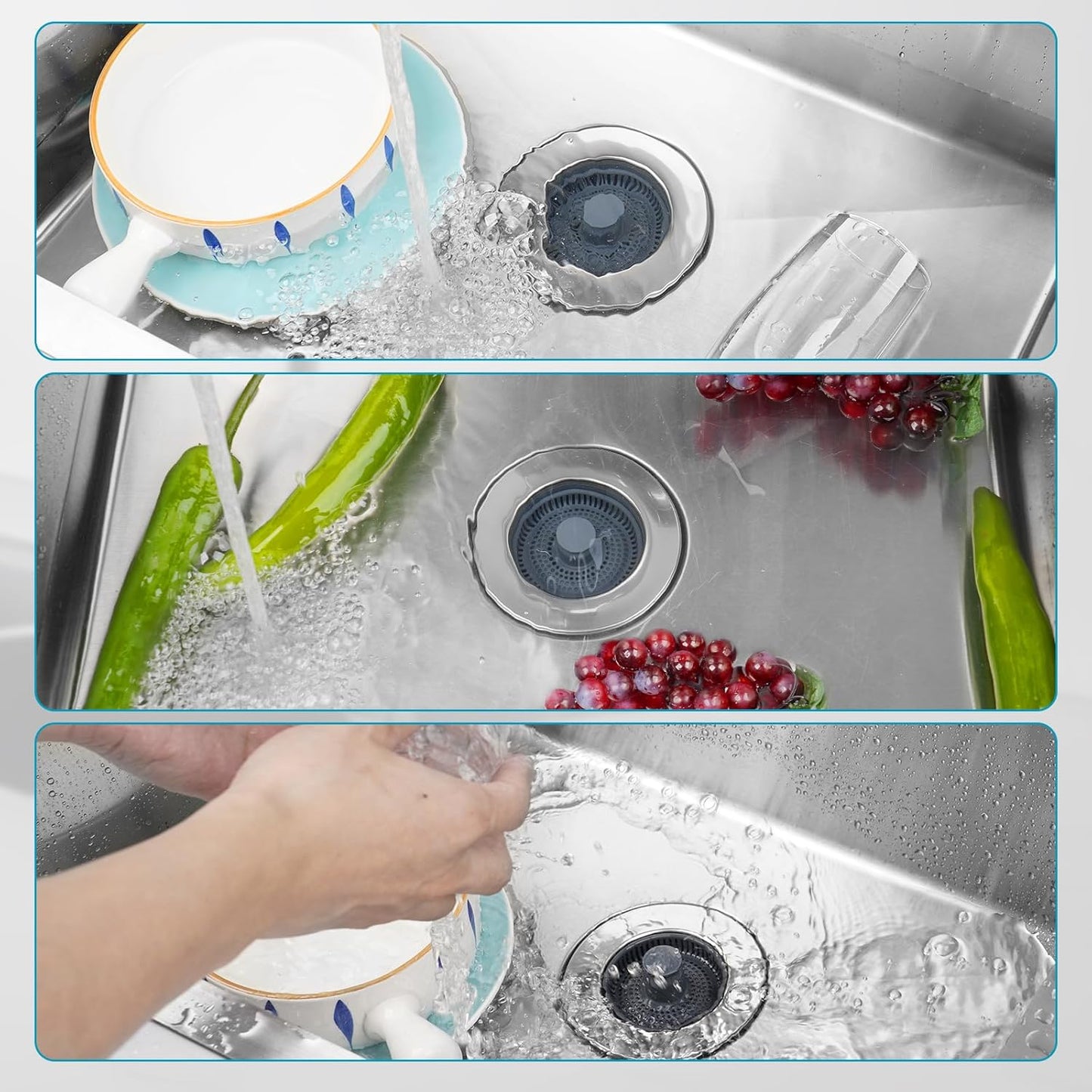3 in 1 Kitchen Sink Drain Strainer, Stainless Steel Wrapped Shell Drain Stopper Combo, Pop Up Sink Stopper, Anti-Clogging Basket Strainer with Handle for US Standard 3-1/2" Drain