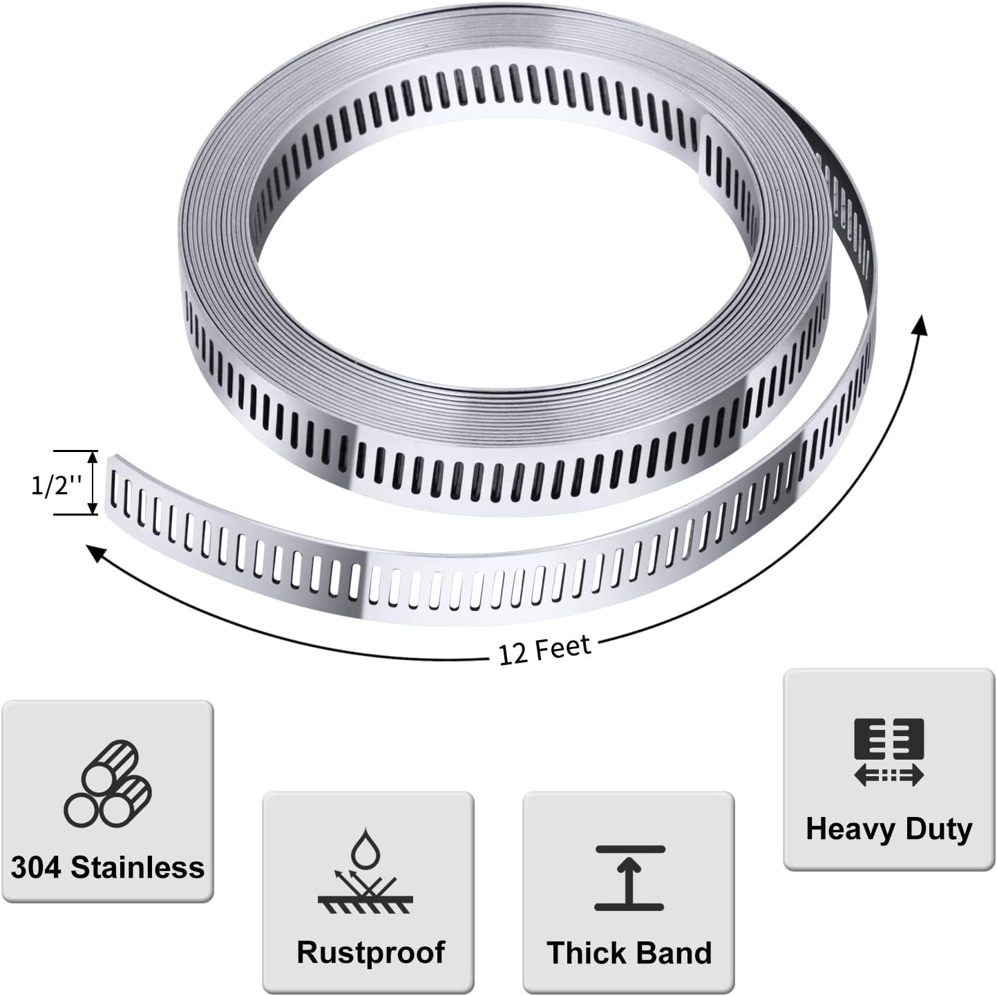 304 Stainless Steel Hose Clamp Assortment Kit DIY, Cut-To-Fit 12 FT Metal Strap+8 Stronger Fasteners,Large Adjustable Worm Gear Band Hose Clamps Screw Clamps Duct Pipe Metal Clamp Strapping