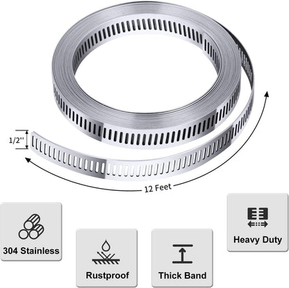 304 Stainless Steel Hose Clamp Assortment Kit DIY, Cut-To-Fit 12 FT Metal Strap+8 Stronger Fasteners,Large Adjustable Worm Gear Band Hose Clamps Screw Clamps Duct Pipe Metal Clamp Strapping