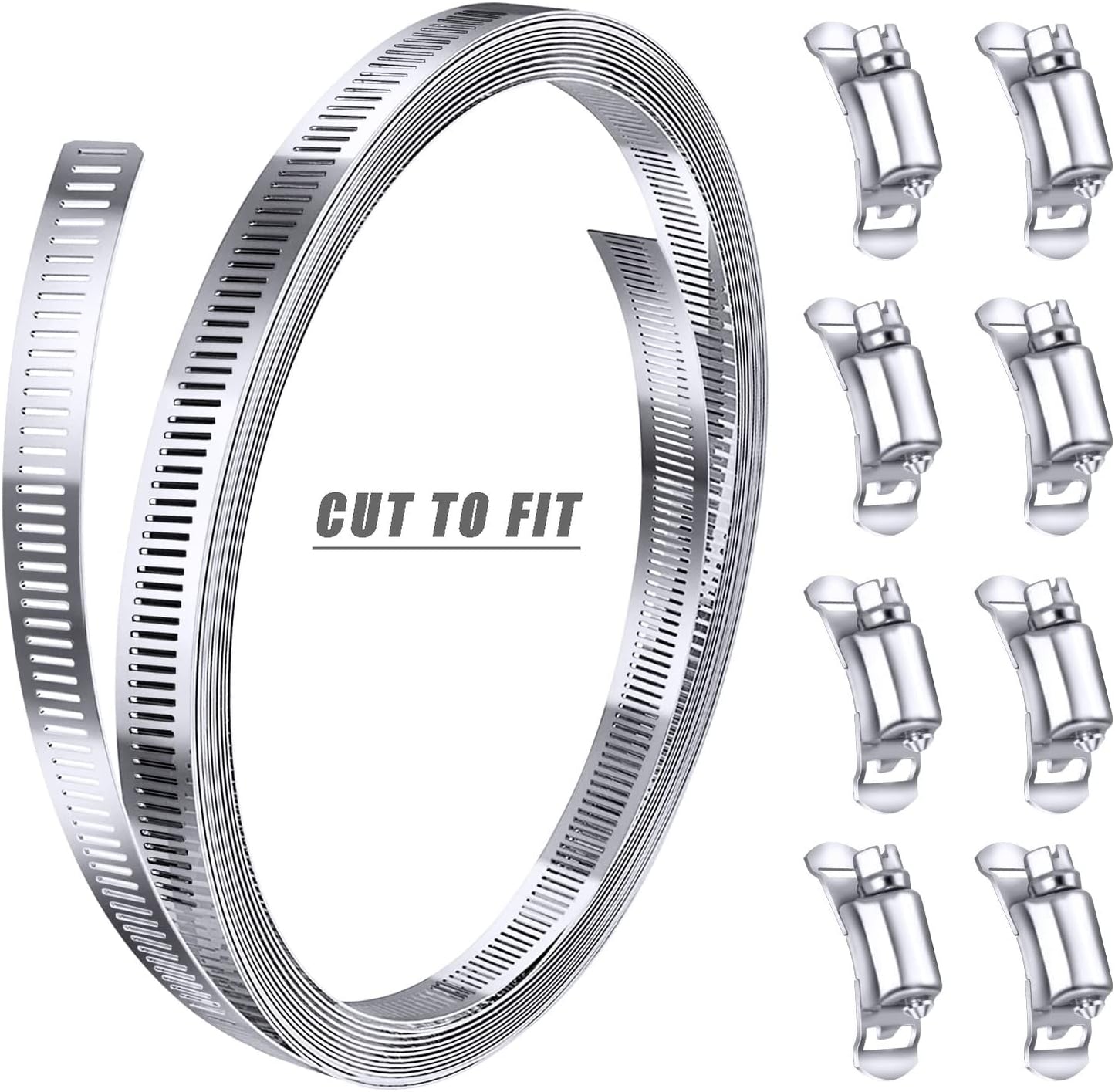 304 Stainless Steel Hose Clamp Assortment Kit DIY, Cut-To-Fit 12 FT Metal Strap+8 Stronger Fasteners,Large Adjustable Worm Gear Band Hose Clamps Screw Clamps Duct Pipe Metal Clamp Strapping