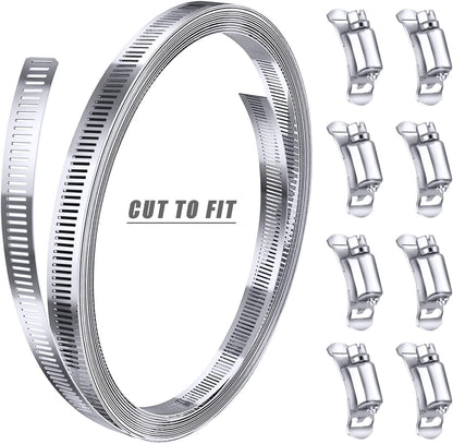 304 Stainless Steel Hose Clamp Assortment Kit DIY, Cut-To-Fit 12 FT Metal Strap+8 Stronger Fasteners,Large Adjustable Worm Gear Band Hose Clamps Screw Clamps Duct Pipe Metal Clamp Strapping