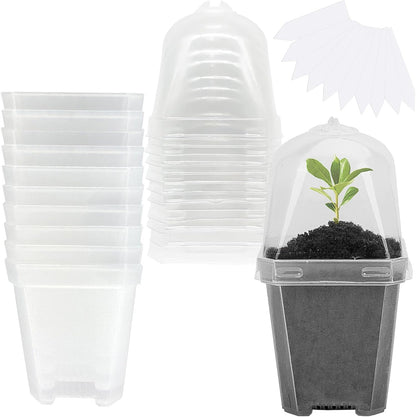 10PCS Clear Plant Nursery Pots with Humidity Dome - 3" Plastic Gardening Pot with Labels, Durable Plastic Plant Container for Seedlings/Vegetables/Succulents/Cuttings
