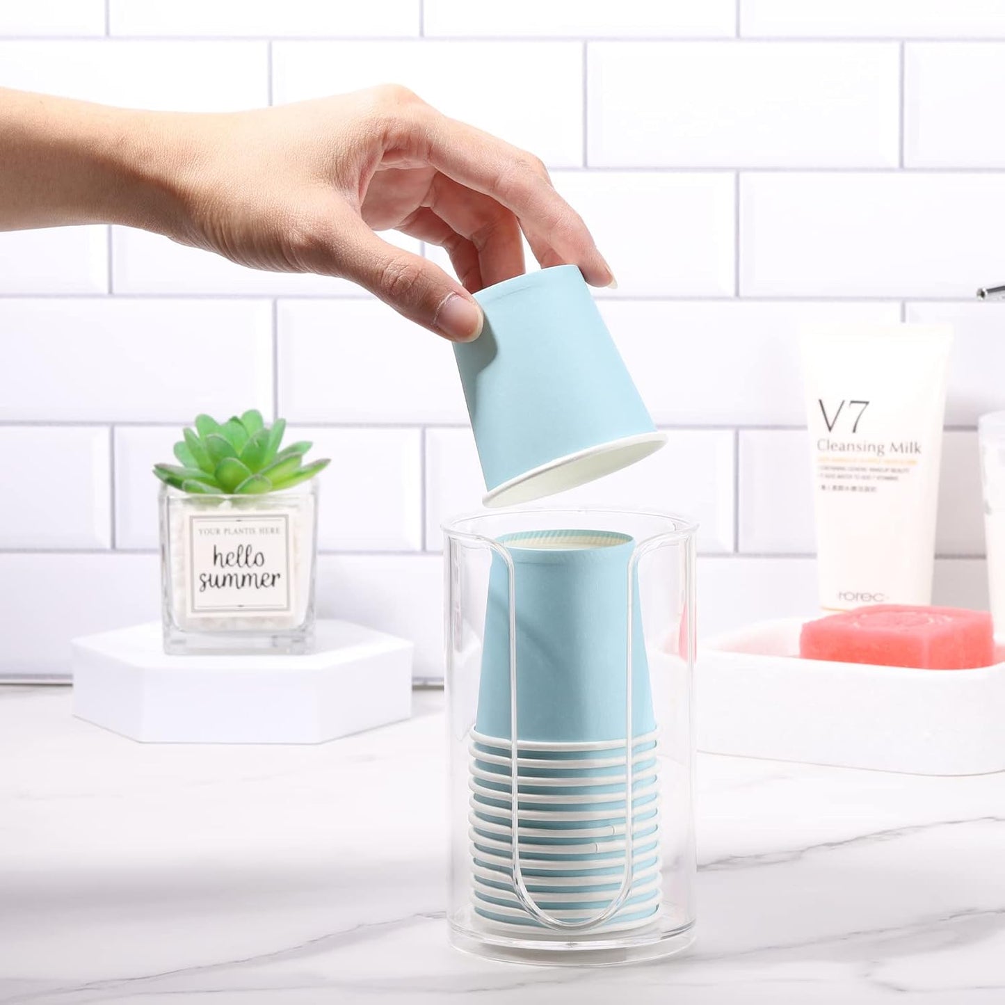 Bathroom Cup Dispenser, 3oz-5oz Small Disposable Paper Cups Holder for Bathroom Vanity Countertop's Rinsing/Mouthwash Cups, Clear