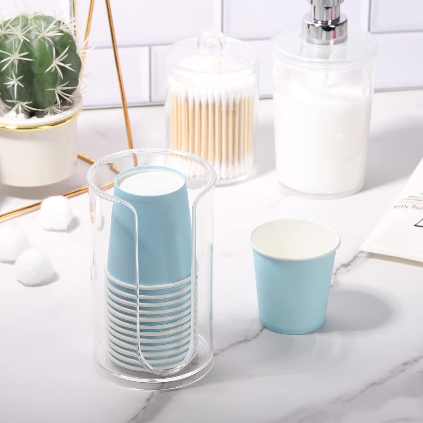 Bathroom Cup Dispenser, 3oz-5oz Small Disposable Paper Cups Holder for Bathroom Vanity Countertop's Rinsing/Mouthwash Cups, Clear
