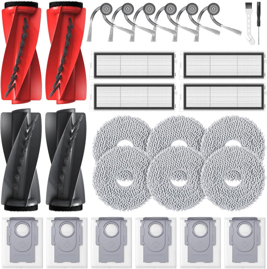 Qrevo S5V Replacement Parts for Roborock Qrevo S5V / Curv/Edge/Edge S5A / Curv S5X, Accessories include 2*Set Main Brush, 6*Mop Pads, 6*Vacuum Bags, 4*Hepa Filters, 6*Side Brush, 2*Cleaning Tool.