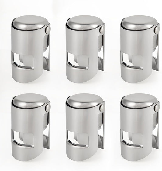 Pack of 6 Stainless Steel Champagne Stoppers, Prosecco, Sparkling Wine Bottle Stopper, Cork.