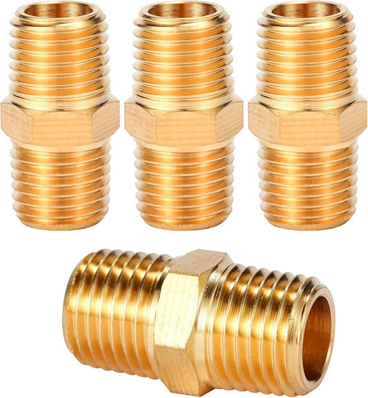 4 pcs Solid Brass Pipe Fitting, Hex Nipple, 1/4" x 1/4" NPT Male Pipe Adapter (O.D x O.D: 1/2'' x 1/2'').