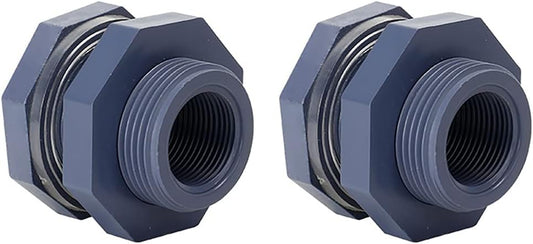 2 Pieces 3/4 Inch PVC Bulkhead Fitting for Water Barrel, Water Tank, Rain Barrels,NPT3/4 female thread(1 inch I.D.) PVC.