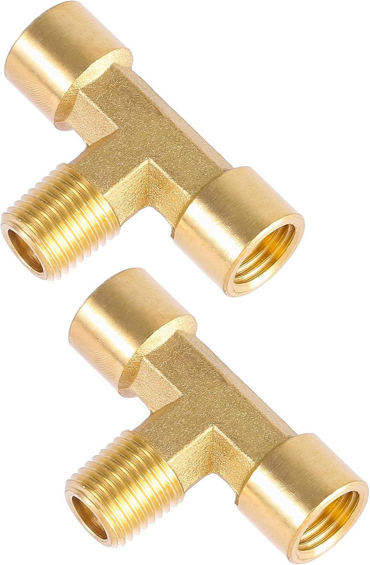 2 Pack 1/4" NPT Brass Tee Pipe Fitting,T Shape Connectors,1/4" NPT Female x 1/4" NPT Female x 1/4" NPT Male Pipe Fitting.