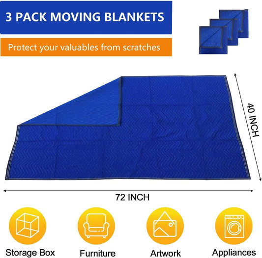 3 Pack Moving Blankets 40x72in Heavy Duty Padded Packing Blankets for Moving Shipping Protecting Furniture Professional Quilted Furniture Blankets for Moving Supplies.