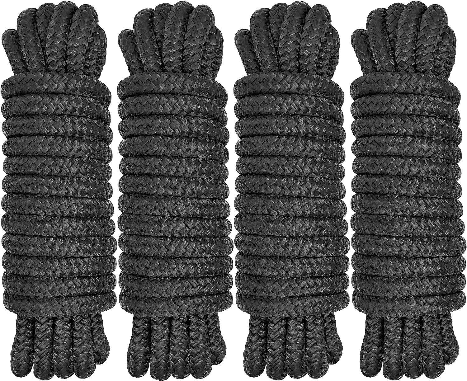 Boat Dock Lines 1/2" x 15' - Double Braided Nylon Boat Ropes for Docking with 12" Loop, Marine-Grade High Strength Boat Lines Dock Rope, Premium Marine Rope Mooring Lines, Easy Handling - 4 Pack,Black.