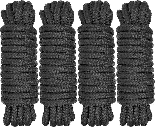 Boat Dock Lines 1/2" x 15' - Double Braided Nylon Boat Ropes for Docking with 12" Loop, Marine-Grade High Strength Boat Lines Dock Rope, Premium Marine Rope Mooring Lines, Easy Handling - 4 Pack,Black.
