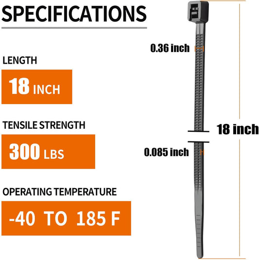 18 Inch Black Zip Ties Heavy Duty 100 Pack Long Cable Ties, 300 LBS Ultra Strong Tensile Strength, Self-Locking UV Resistant for Indoor and Outdoor Use