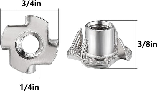 100pcs 1/4"-20 T-nut 304 Stainless Steel Four-jaw - for Home, Hotel Outdoor Threaded Insertion