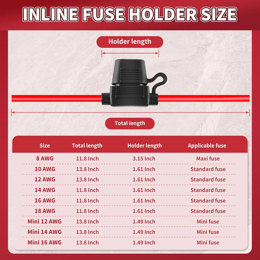 Inline Fuse Holder 12V 2 Pack, Extended Version 12 AWG Waterproof Blade Fuse Holder 13.8 Inch, in Line Fuse Holders 12V with 2 Pcs Standard Car Fuses 30A for Automotive, Marine by