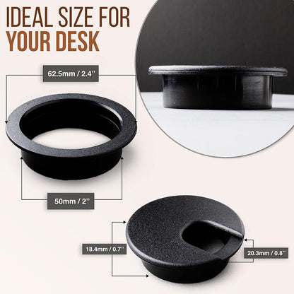 Desk Grommet 2 Inch (50 mm) Pack of 5-Black ABS Plastic Cable Hole Cover to Arrange Wires & Cords Through Computer Table/Countertops