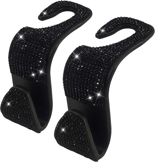 2 Pack Car Hooks, 2021 New Bling Rhinestones Crystal Hooks Car Decorations Auto Seat Back Organizers Strong and Durable Backseat Hanger Storage Universal for SUV Truck Vehicle (Black).
