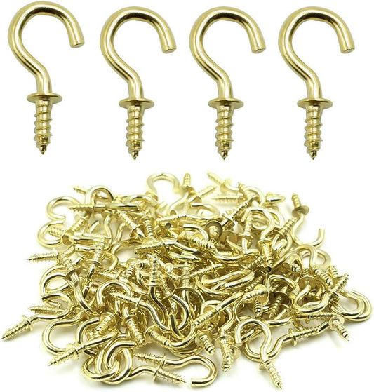 100 Pcs 1/2" Ceiling Cups Hooks Screw Hooks Ceiling Cup Hooks Self-Tapping Screws Hooks Gold