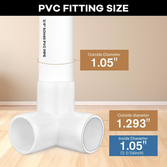 12-Pack 3 Way PVC Fittings 3/4 Inch, Furniture Grade PVC Pipe Connector Elbow for All DIY Structure and Frames, SCH40 Pipe Tee Corner Fitting