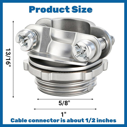 50 Pack 1/2 Inch Clamp Type Cable Connectors, Zinc Alloy and Steel Electrical Conduit Fittings for NM Cable, Rust Resistant Non-Metallic Wire Clamps to Protect Cables, Silver