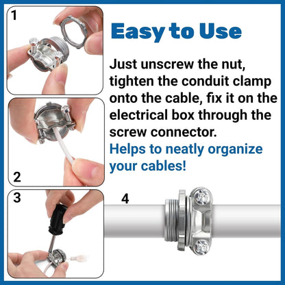 50 Pack 1/2 Inch Clamp Type Cable Connectors, Zinc Alloy and Steel Electrical Conduit Fittings for NM Cable, Rust Resistant Non-Metallic Wire Clamps to Protect Cables, Silver