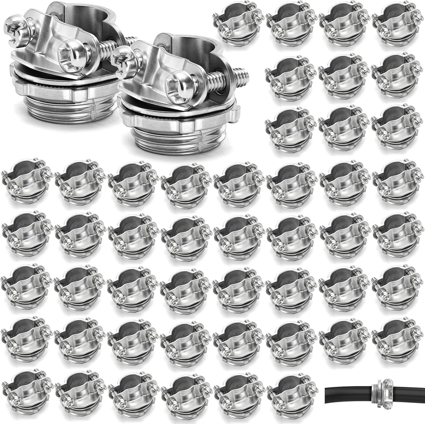 50 Pack 1/2 Inch Clamp Type Cable Connectors, Zinc Alloy and Steel Electrical Conduit Fittings for NM Cable, Rust Resistant Non-Metallic Wire Clamps to Protect Cables, Silver