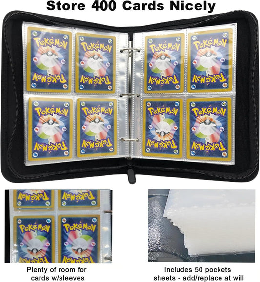 Trading Card Binder 4 Pocket,400 Pockets for Pokemon Cards with Zipper,50 Sleeves Holder Compatible Standard Card,Sport Card,Game Card-Gift Boy and Girl(4-Pockets, Black) Black 4-Pockets