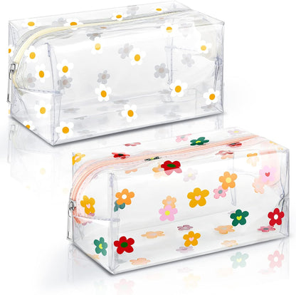 2 Pack Cute Flower Makeup Bags Daisy Zipper Pouches Floral Pencil Pouch Portable Toiletry for Women Travel Vacation Bathroom School Organizing(Daisy)