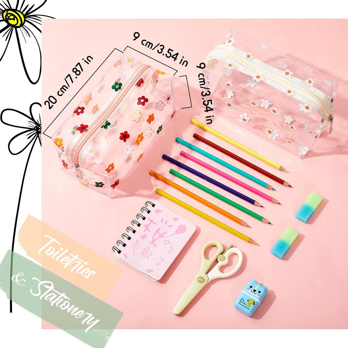2 Pack Cute Flower Makeup Bags Daisy Zipper Pouches Floral Pencil Pouch Portable Toiletry for Women Travel Vacation Bathroom School Organizing(Daisy)