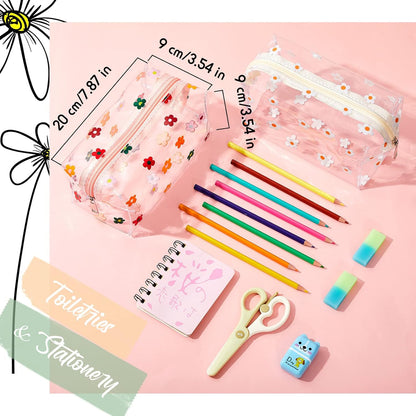 2 Pack Cute Flower Makeup Bags Daisy Zipper Pouches Floral Pencil Pouch Portable Toiletry for Women Travel Vacation Bathroom School Organizing(Daisy)