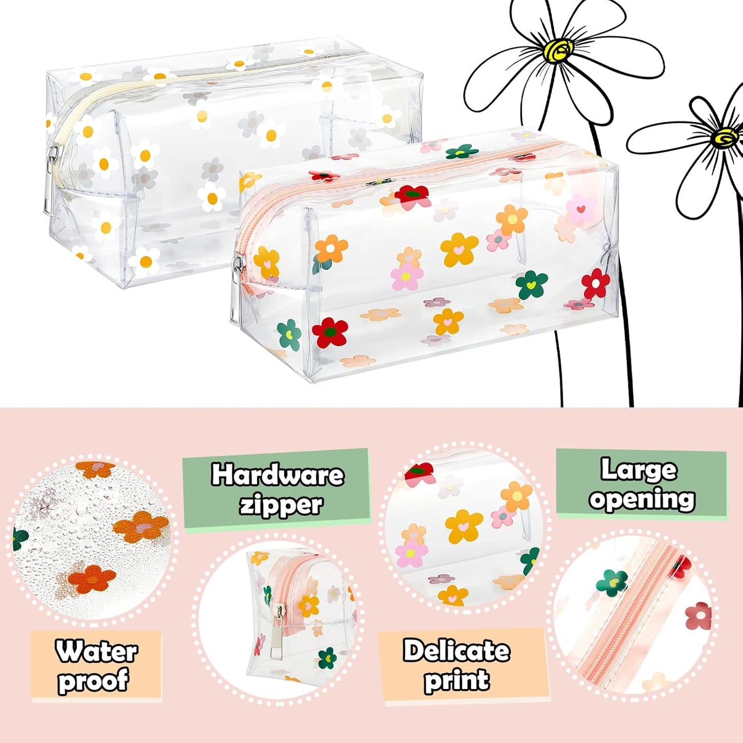 2 Pack Cute Flower Makeup Bags Daisy Zipper Pouches Floral Pencil Pouch Portable Toiletry for Women Travel Vacation Bathroom School Organizing(Daisy)