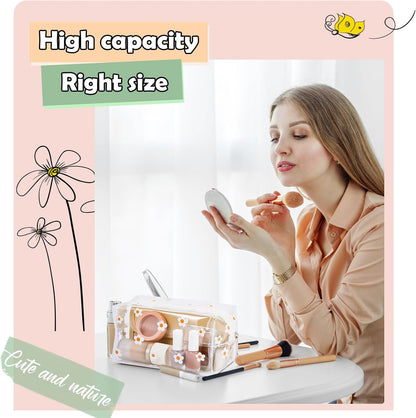 2 Pack Cute Flower Makeup Bags Daisy Zipper Pouches Floral Pencil Pouch Portable Toiletry for Women Travel Vacation Bathroom School Organizing(Daisy)