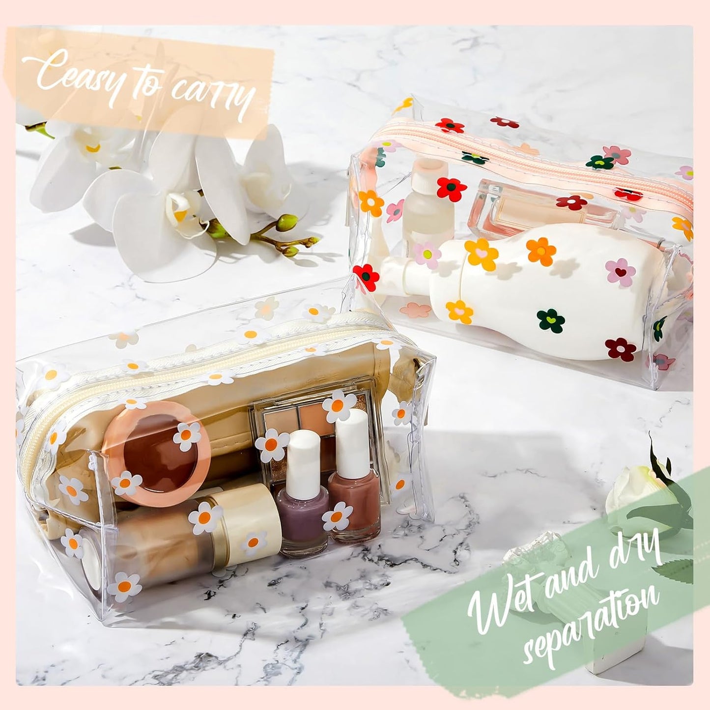 2 Pack Cute Flower Makeup Bags Daisy Zipper Pouches Floral Pencil Pouch Portable Toiletry for Women Travel Vacation Bathroom School Organizing(Daisy)