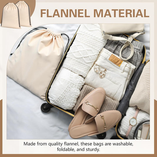2 Pcs Silky Velvet Shoe Bags for Travel Cloth Dust Pouch with Drawstring Closure Beige Storage Packing Organizers