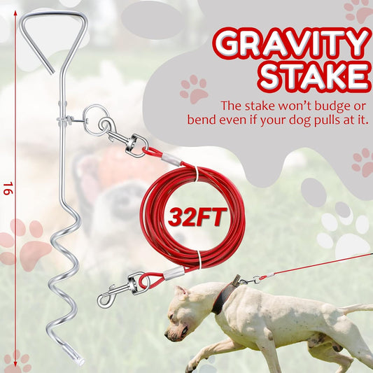 2 Set Dog Tie Out Cable and Stake - 30ft Leash Chain, 16" Spiral for Outside Yard Medium to Large Dogs up 125 Lbs (Red) Red