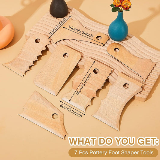 7 pcs Big Size Pottery Foot Shaper Tools Trimming Ceramics Profile Rib Bundle for Carving Clay Molds Ceramics, Beech Wood
