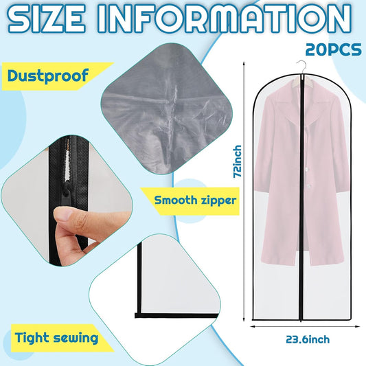 20 Pcs 24 x 72 Inch Garment Bags Bulk Hanging Clothes Storage Covers for Closet Organization Dustproof Transparent Dress Suit Bag Set Wedding Dresses Long Gowns Coats Seasonal Wardrobe White Black
