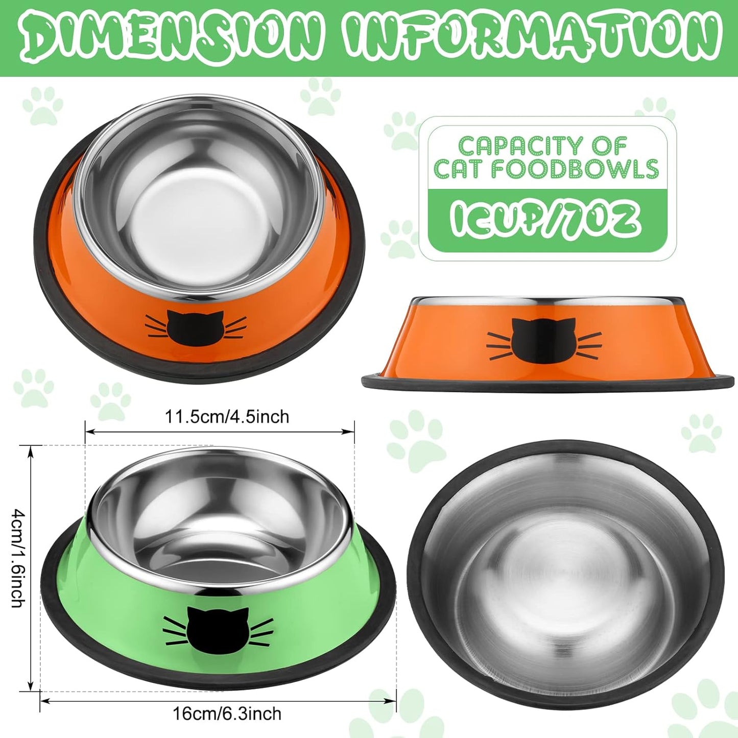 6 Pcs Cat Bowls for Food and Water Dishes Stainless Steel Pet 7 oz Anti Slip Metal Dish with Removable Rubber Base Thick Feeding Indoor Kitten Small Dog(Classic Color) Classic Color