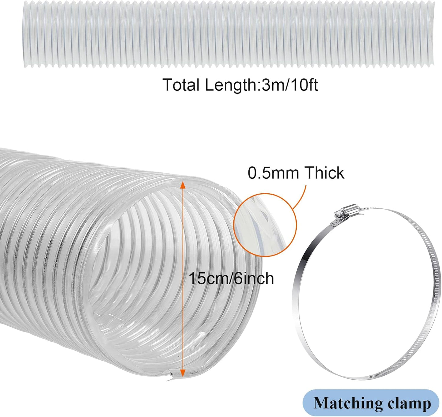 6 Inch, 10 ft Heavy PVC Dust Collection Hose, Flexible Clear Fume Hose with Stainless Steel Wire Coil and Clamp, Puncture Resistant Vacuum Fittings Collector Accessories