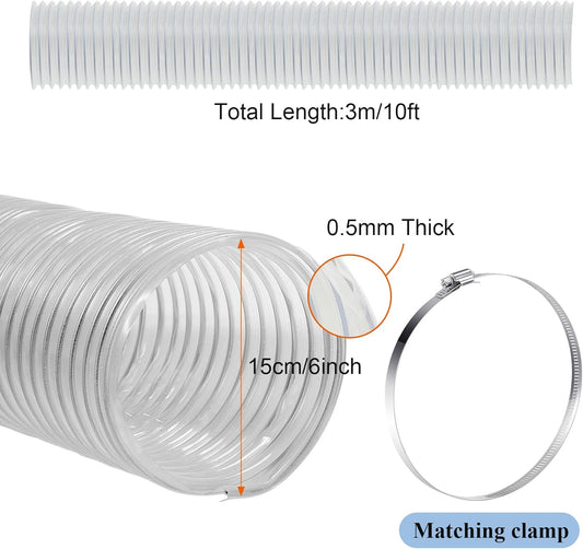 6 Inch, 10 ft Heavy PVC Dust Collection Hose, Flexible Clear Fume Hose with Stainless Steel Wire Coil and Clamp, Puncture Resistant Vacuum Fittings Collector Accessories