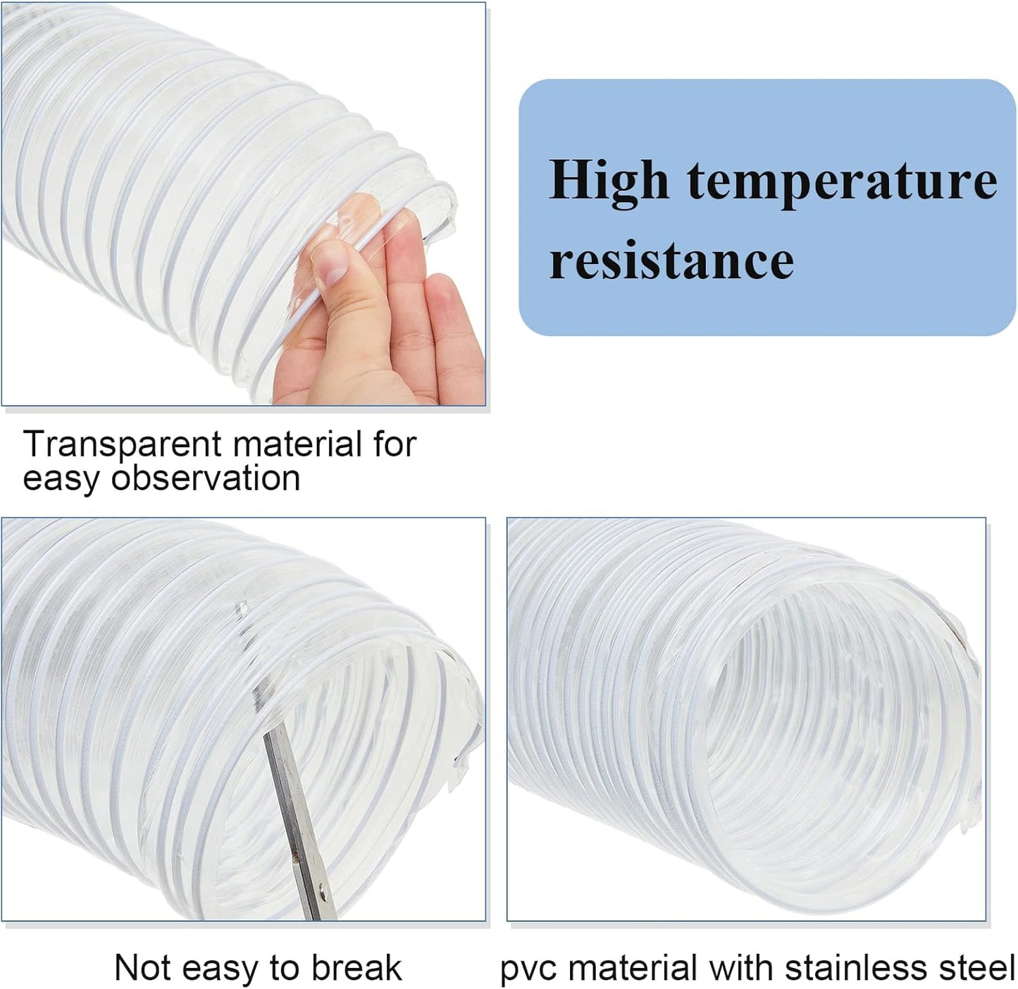 6 Inch, 10 ft Heavy PVC Dust Collection Hose, Flexible Clear Fume Hose with Stainless Steel Wire Coil and Clamp, Puncture Resistant Vacuum Fittings Collector Accessories