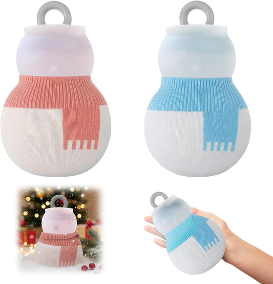 2 Pcs 320 ml Mini Hot Water Bottle with Removable Knitted Cover, Winter Snowman Small Bag Microwave Heating Soft Silicone Leak Proof for Pain Relief Women Valentine's Day Gifts