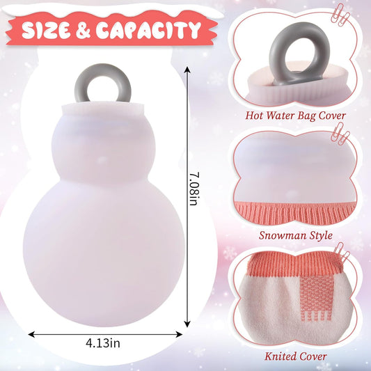 2 Pcs 320 ml Mini Hot Water Bottle with Removable Knitted Cover, Winter Snowman Small Bag Microwave Heating Soft Silicone Leak Proof for Pain Relief Women Valentine's Day Gifts
