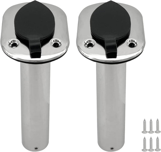 2PCS Boat Stainless Steel Polished Fishing Rod Holder Flush Mount 15/30/90 Degree Casting Flange with Rubber Cap, Liner, Gasket PVC Cap and Inner Tube for Marine Yacht Kayak 2pcs 15�