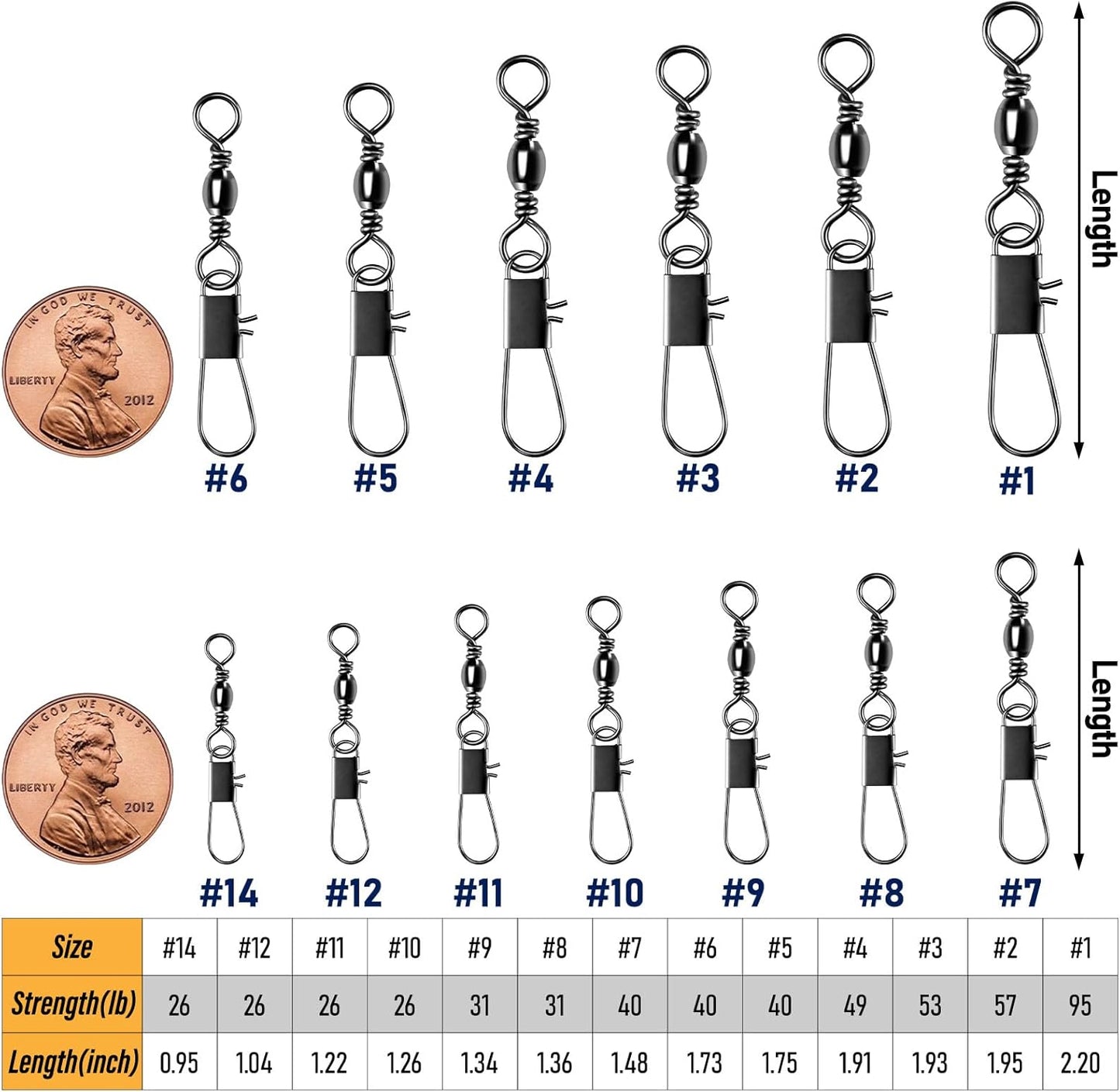 100-Pack Fishing Barrel Swivels with Snaps, Snap Tackle Stainless Safty Interlock Lure Hook Connector Clips Freshwater 31LB